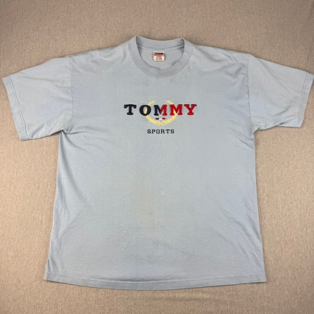 TND Tommy Sports Graphic Tee Mens XL Light Blue Fair Vintage 90s Style Shirt